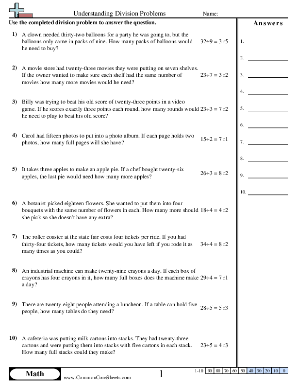 Understanding Division Answers worksheet